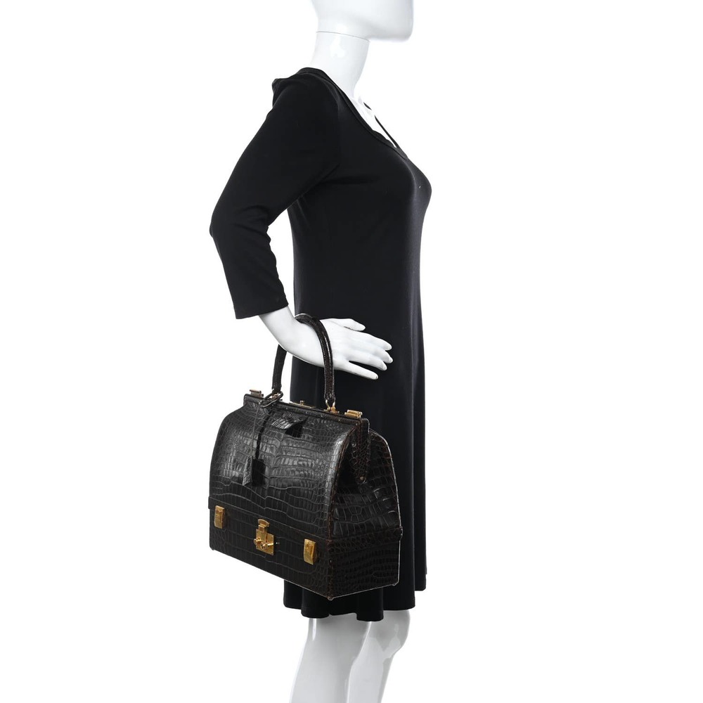❌❌ Hermes Crocodile Doctor's Bag Sac Mallette Marron Fonce Shiny Vintage tote - Picture 2 of 16